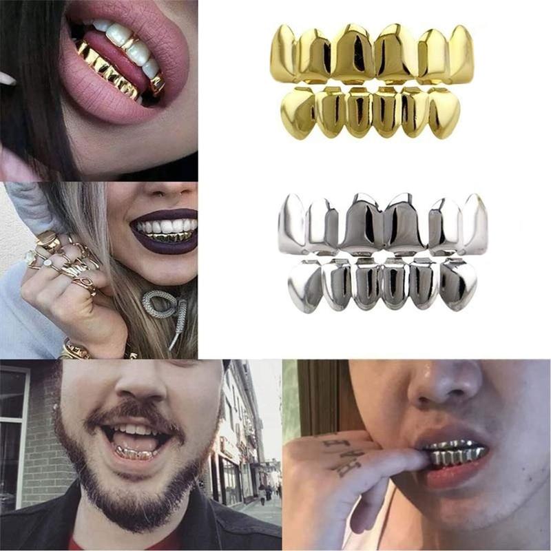 Gifts for Men 24K Gold Plated Hip Hop Teeth Grillz Punk Custom Fit Teeth Grillz Caps Top & Bottom Grill Set Removable Hip Hop Mouth Grills For Women Men Gift Halloween Party Photo Fancy Dress Accessories