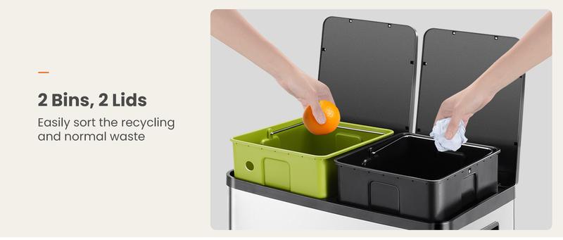 HomeSquad Kitchen Trash Can with Lid, 2 x 8 Gallon Garbage Can, with Soft-Close Foot Pedal and Removable Inner Bucket, 60 Liter Large Stainless Waste Bin for Bathroom Bedroom Home Office