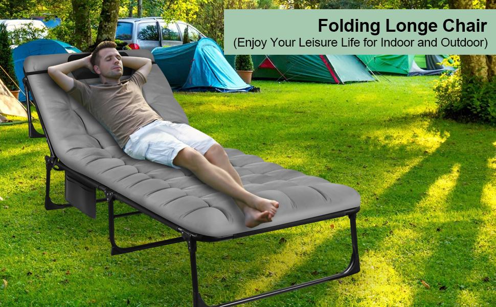 Portable Folding Camping Cot, Adjustable 3-Position Reclining Folding Chaise with Pillow, Outdoor Portable Folding Lounge Chair Sleeping Cots Bed-68cm