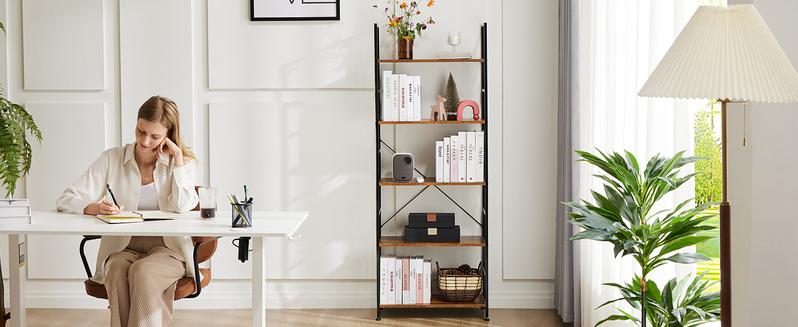 5 Tier Bookshelf: Modern Industrial Corner Storage Organizer for Bedroom, Home Office-Tall Bookcase for Books, Garage Kit, CDs, Movies