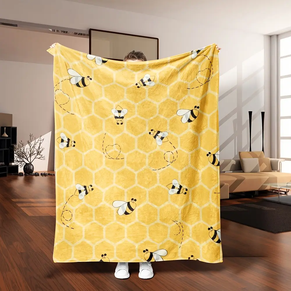 Soft Flannel Bumblebee Throw Blanket - Cozy Warm, Animal Theme, Cute Animal Design, Bee Print, Yellow Honeycomb Print, Plush Texture, Multi-Size, Home Use, Ideal for Bedroom, Bee Lovers
