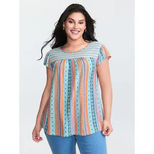 【Easter's Haul】【Arm Freedom】BLOOMCHIC Plus Geometric Print Ruffled Sleeve Knit Top 2026 Summer Vibes