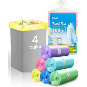 4 Gallon 300pcs Strong Trash Bags Colorful Clear Garbage Bags, Bathroom Trash Can Bin Liners, Small Plastic Bags for home office kitchen, fit 12-15 Liter, 3,3.5,4.5 Gal,Multicolor
