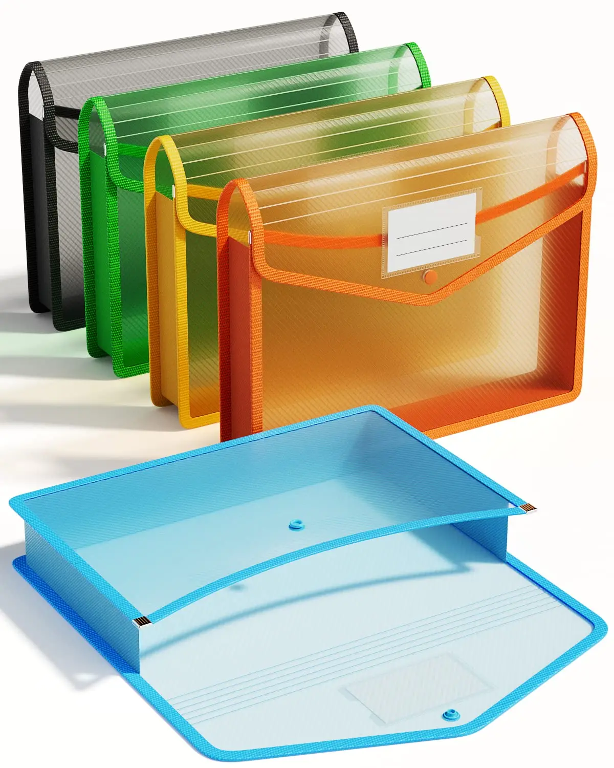 Plastic Expanding File Folder, Transparent Envelopes with Snap Closure, No Dividers, Large Capacity, Assorted Colors, Fits Letter / A4 Size - 5 Pack