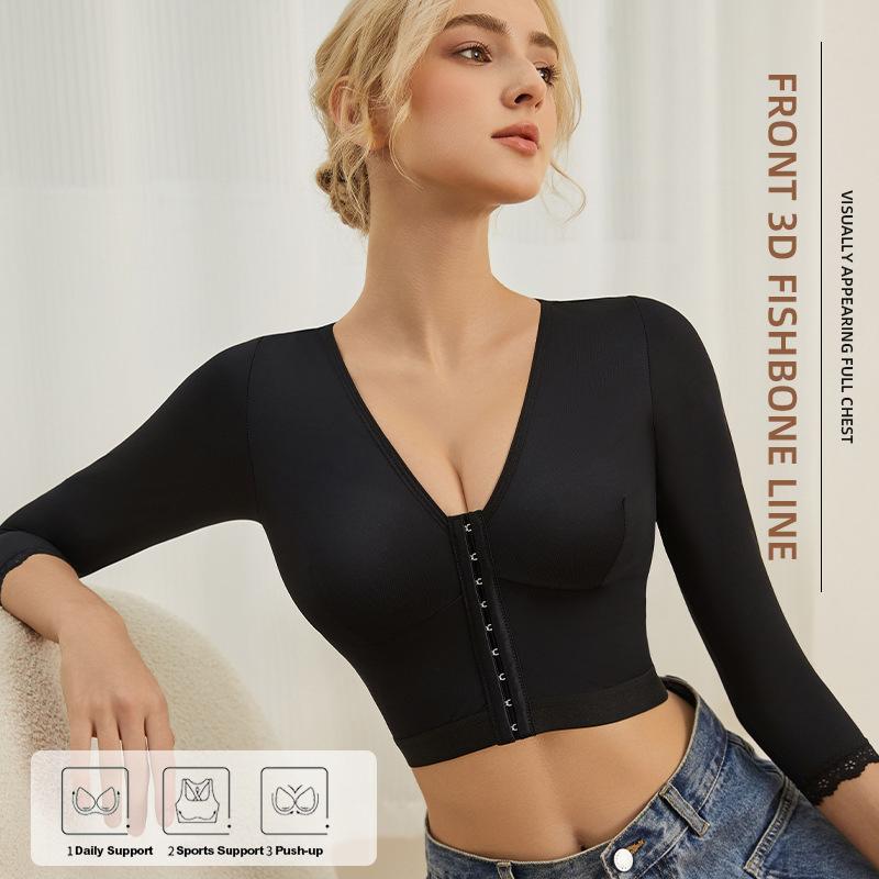 Women's Arm Shaper Tummy Control Post Surgery Arm Lipo Compression Long Sleeves with Lace Arm Front Zipper Closure Shapewear Bra