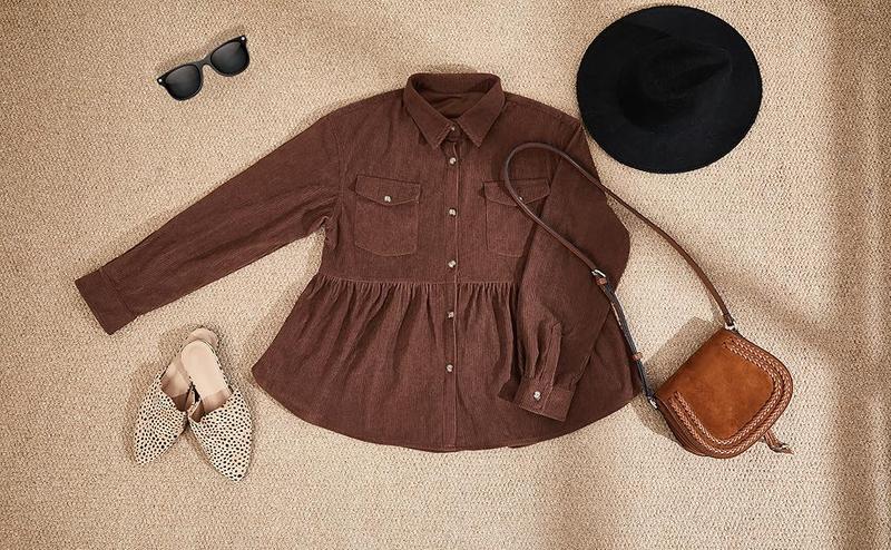 Imily Bela Womens Corduroy Shirts Casual Long Sleeve Button Down Blouses Tunic Babydoll Dress Loose Pocket Jacket Shackets