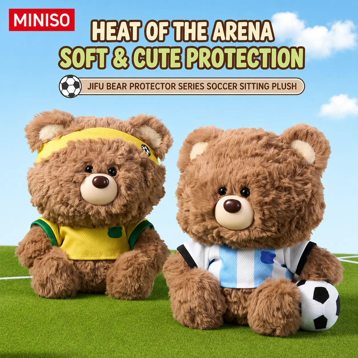 MINISO Giftford Bear Guardian Series Soccer Sitting Plush Toy, Soft Cuddly Stuffed Bear Doll in Football Outfit, Cute Collectible Gift for Kids Fans Birthday, Back To School