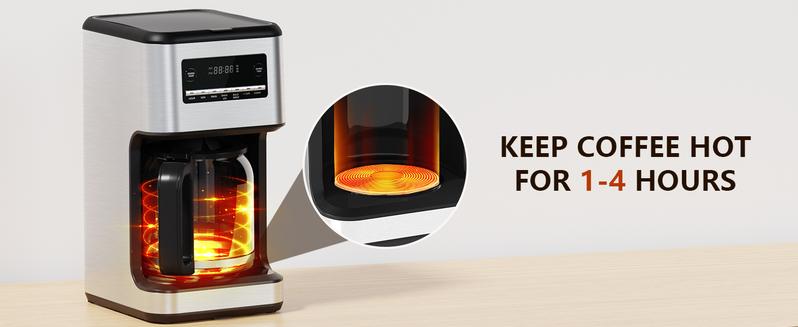 Coffee Maker, Drip Coffee Machine, 14-Cup Glass Carafe, Programmable, Delay Brew, Keep Warm, with Touch Screen, Stainless Steel,Silver