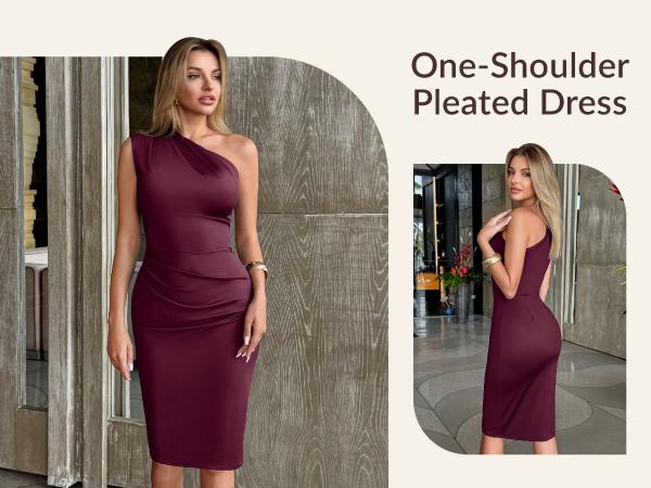 CurvySweet Women's Navy Blue One Shoulder Bodycon Midi Dress with Side Pleats & Built-In Shaping for Wedding Guest & Party gown formal womenswear SpringStatements Elegant Style