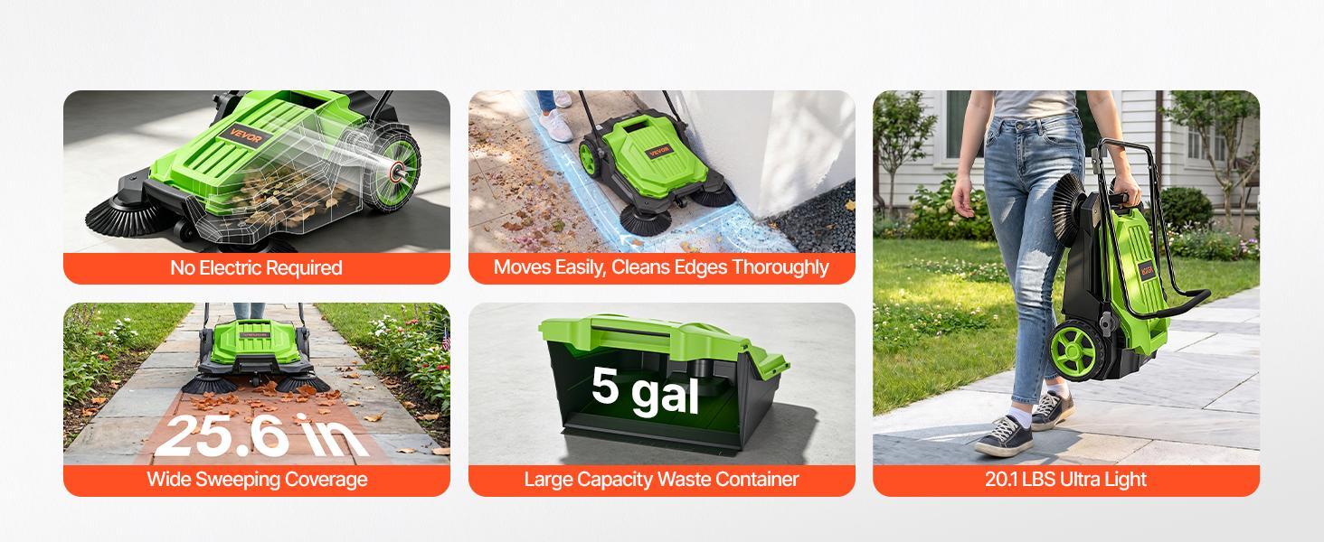VEVOR Walk-Behind Hand Push Floor Sweeper, Manual Floor Sweeper Non-Electric with 25.6" Sweeping Width, 5 Gallons Waste Container & Adjustable Folding Handle for Yards Walkways Patios Garages - Green