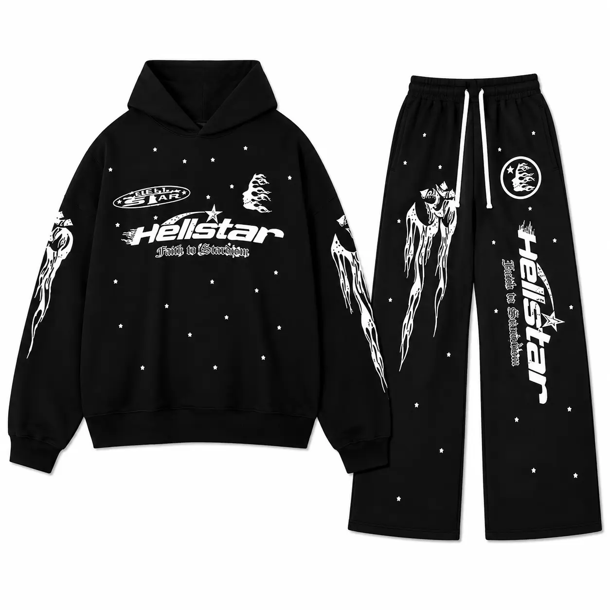 Hellstar Flame Hoodie & Sweatpants Set, Unisex Oversized Streetwear Outfit for Men & Women, Everyday Casual Wear