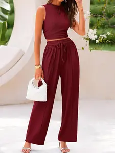 VVZ 2026 Women's Summer 2-Piece Outfits - Ribbed Knit Crew Neck Sleeveless Cropped Top & Wide Leg Pants Lounge Set
