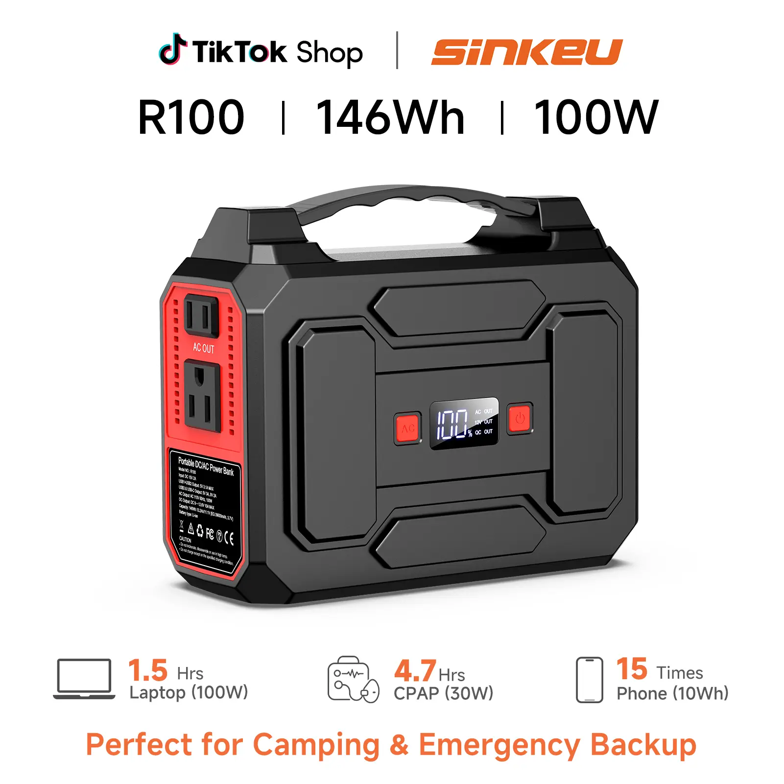 【sinkeu】100W 146Wh Portable Solar Power Generator, Solar Generators for Home Use with Mobile Power Battery, Charge System, 7 Outputs, AC Outlet, Dual LED Flashlight, Outdoor Backup for Camping & Emergency Use, Portable Power Solutions