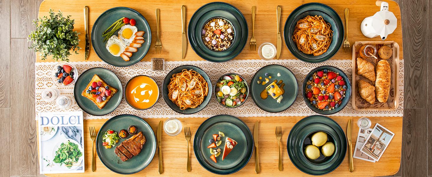 Vancasso Starry Lipped-Edge Piece Dinnerware Set, Reactive Glaze Plates & Bowls Set, Stoneware Set, Dishwasher, Microwave Safe, Cutlery Tableware set, Includes Dinner Plates, Dessert Plates, Soup Plates and Cereal Bowls