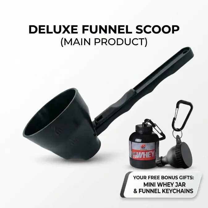 Protein Powder Scoop Funnel & Mini Whey Jar Keychain Set: Portable Supplement Powder Dispenser with Carabiner, Mess-Free Funnel Scoop for Shaker Bottles, Pre-Workout Storage Container Kit for Gym & Fitness Travel!