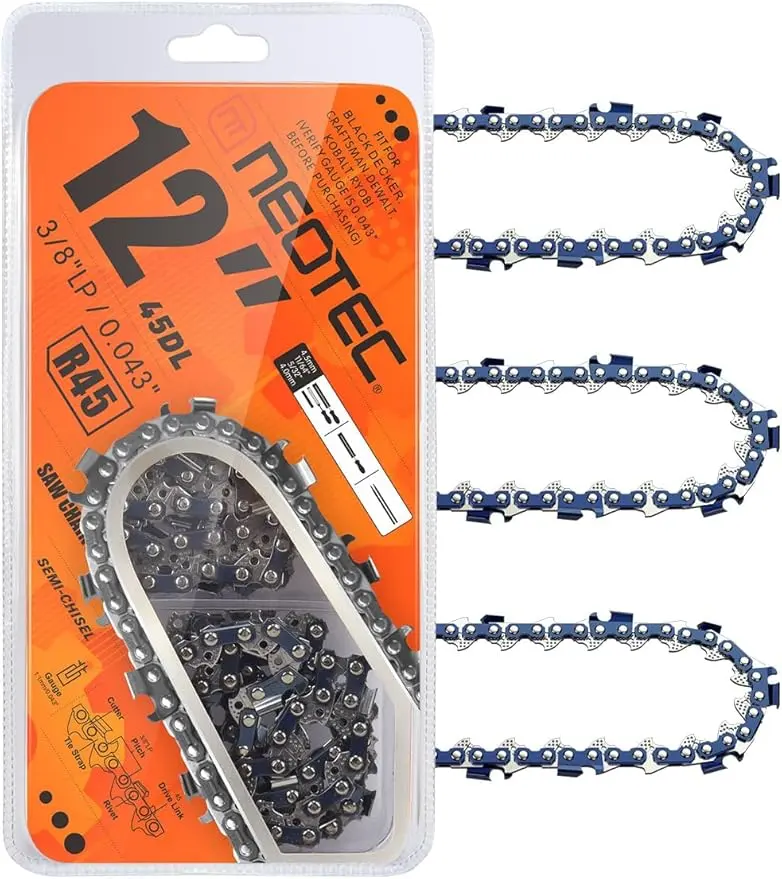 【summerfinds】NEOTEC  12'' Chainsaw Chain, 3/8"LP Pitch,0.043" Gauge 45 Drive Links R45 Chain Fits for Dewalt Craftsman Makita and more[Pack of 3 Chains]