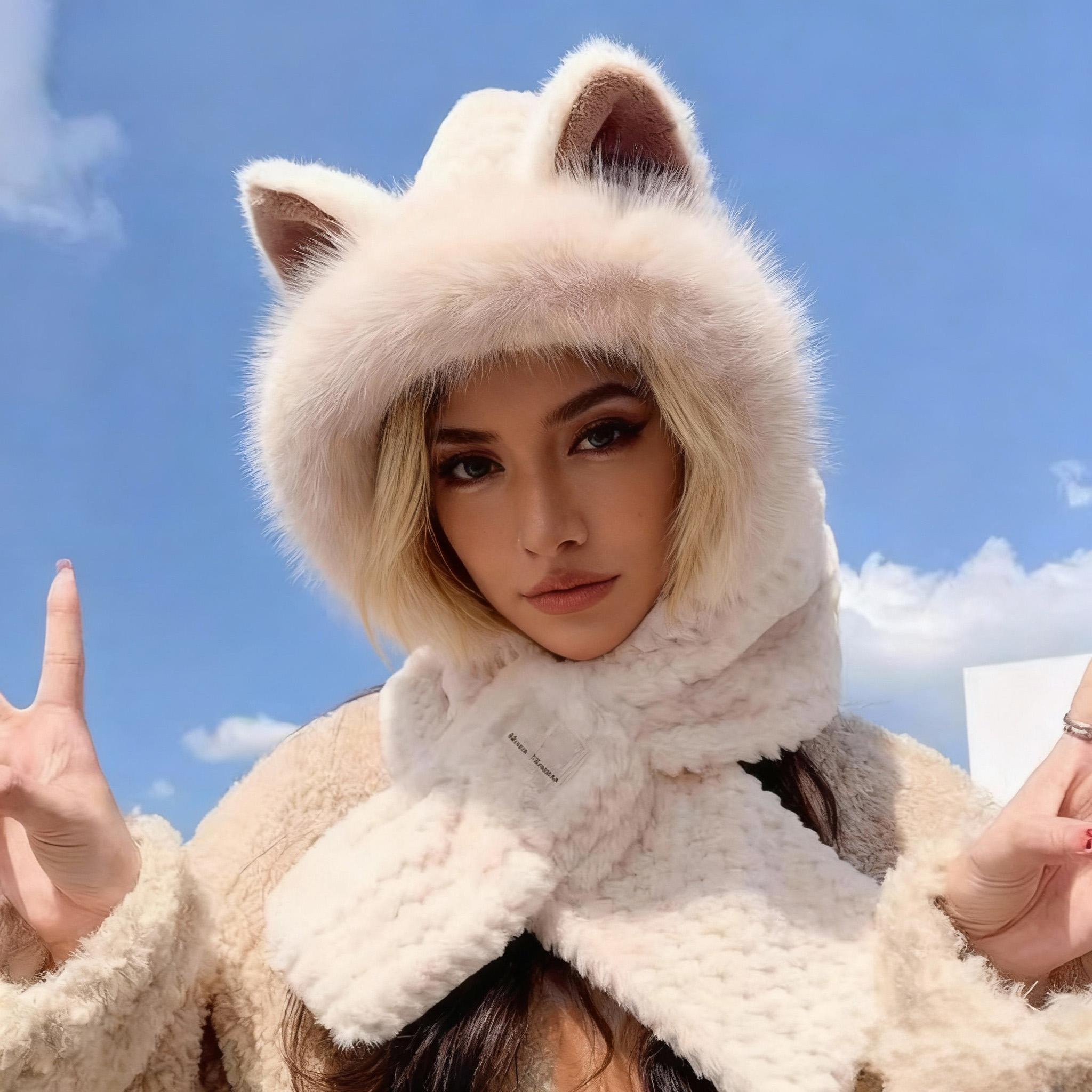 A winter warm hooded scarf with cartoon animal ears, plush knitted neck scarf, elastic moisture-wicking hood, cute and thick gift for women - Hat Scarf