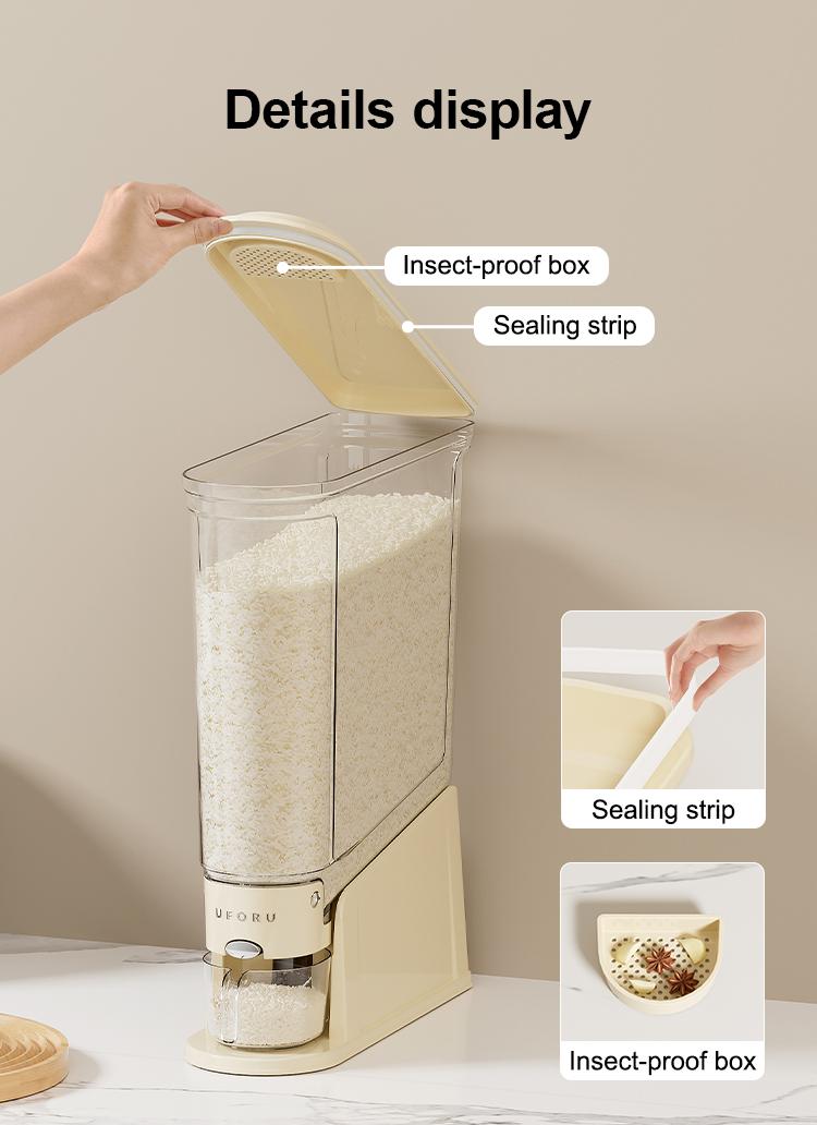 UFORU Rice Dispenser 22lb, Slim Rice Storage Container for Small Spaces, BPA-Free Clear Dry Food Dispenser Sealed Moisture-Proof, Grains & Cereals Storage Bucket for Kitchen Pantry Home Use,Utensils Airtight, Cream Color Coffee Large Milk White