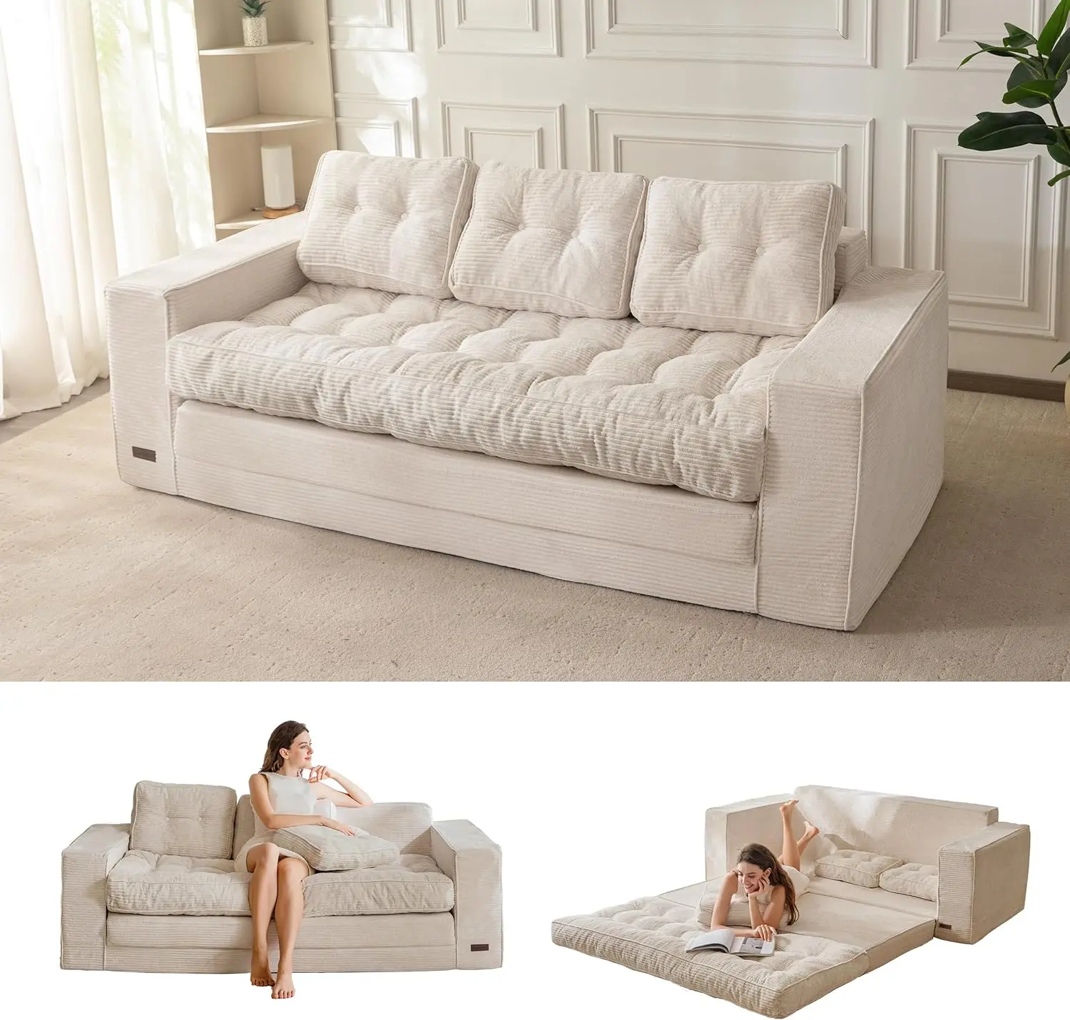 DealsforYouDays MAXYOYO Convertible Sofa Bed, Pull Out 3 Seater Sleeper Sofa, 2 in 1 Folding Couch Bed, Fold Out Floor Couch with Pillows for Living Room Bedroom Lounge