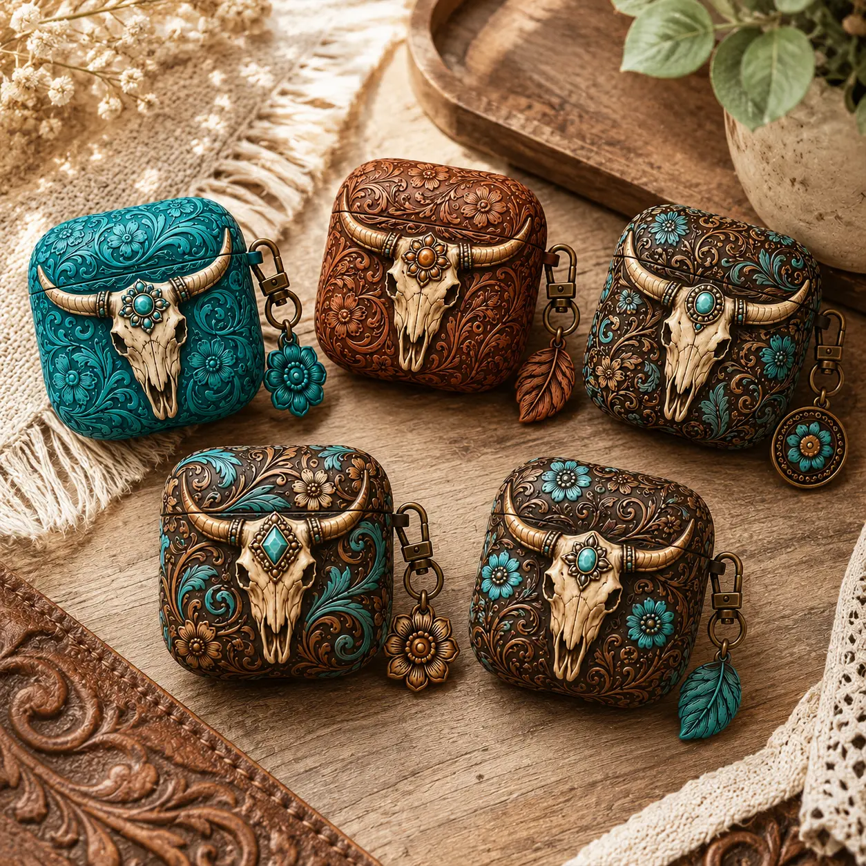 NO KEYCHAIN INCLUDED Long Horn Bull Skull Western Cowgirl Floral AirPods Case Collection, Turquoise Print Style Cover for AirPods Gen 1 2 3 4 Gift