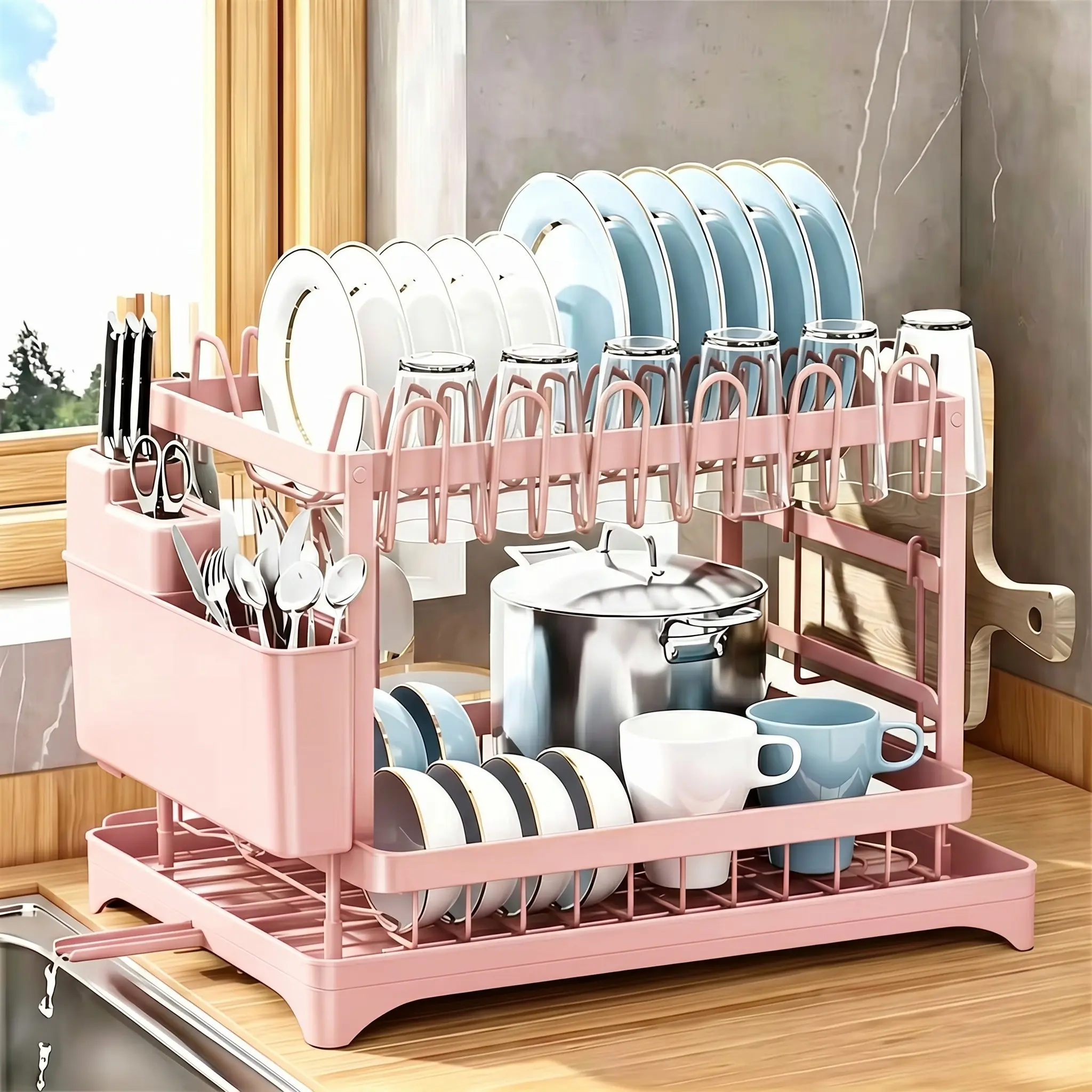 2-Tier Dish Rack, Pink Rustproof Plastic & Metal Dish Drainer with Drainboard, Utensil Holder and Cup Holder, Space-Saving Folding Countertop Kitchen Organizer, Sturdy Construction Dish Drying Rack