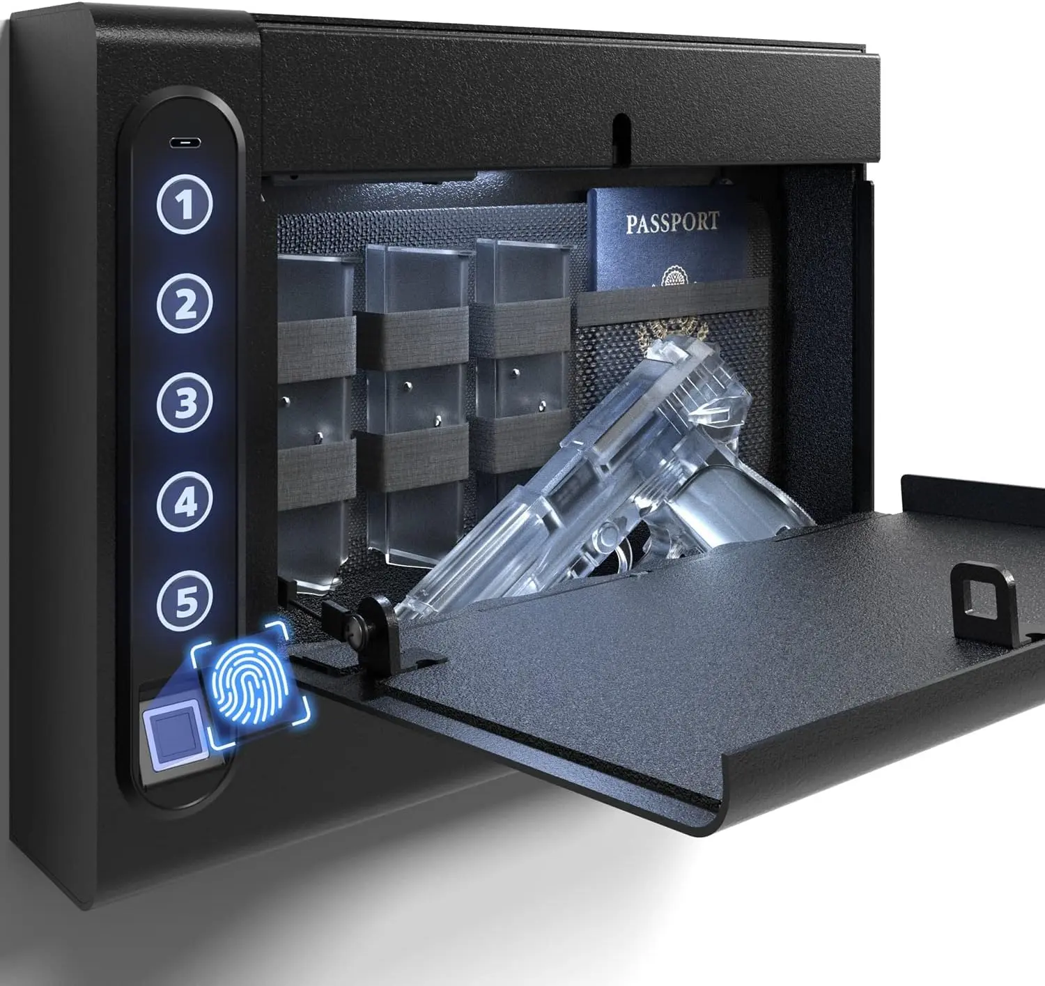XDeer Smart Biometric Full-Size Gun Safe - USB, 45-Key Lock Box, Theft Prevention, No Gas Strut Quick Access, Hidden Storage, LED Lights, Silent Mode, Backlit Digital Keypad, Carbon Steel, Steel, Wall Mount S008QG (S008)