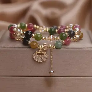 High-End Double Layer Rainbow Tourmaline round Beads Bracelet, Bohemian Style Bracelet with Delicate Longevity Lock, Unique Jewelry for Women