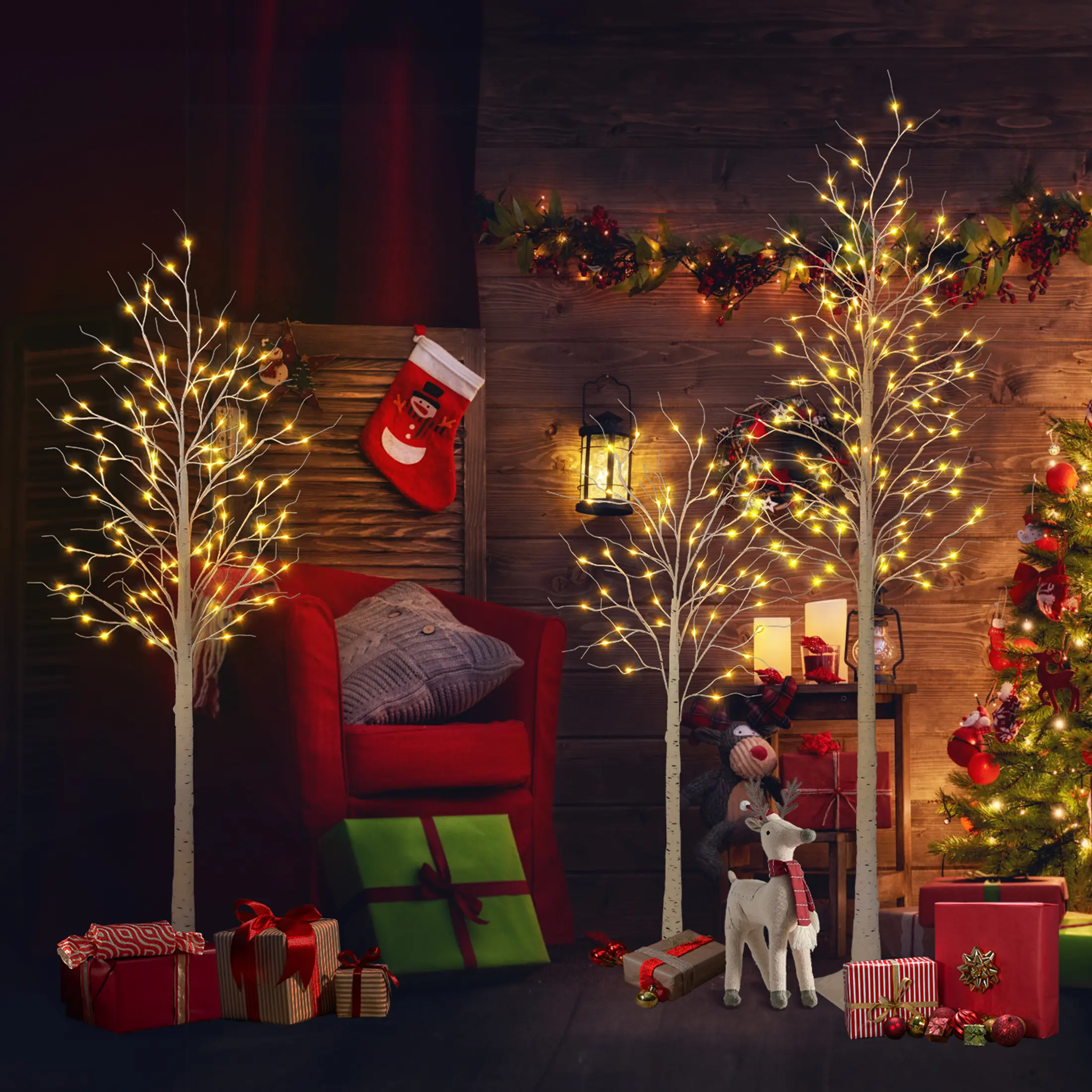 VERINATURAL 3-Pack LED Birch Trees 4FT+5FT+6FT OR 4FT+6FT+8FT  Pre-Lit Christmas Decor Set with Warm White Lights for Indoor Outdoor Holiday Decor and Wedding Centerpieces perfect housewarming led  tree