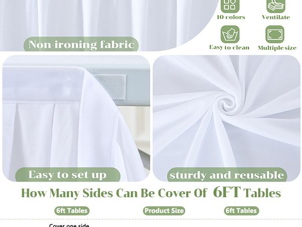 White Polyester Table Skirt for 6ft Rectangle Tables, Wrinkle-Resistant Pleated Ruffle Tablecloth with Easy Setup for Party & Event Decor