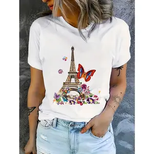Cotton Short Sleeve T-Shirt [Eiffel Tower T-Shirt] Polyester and Elastane Blend's Casual T-Shirt - Round Neck Short Sleeves Eiffel Tower Print Machine Washable Womenswear Tshirt