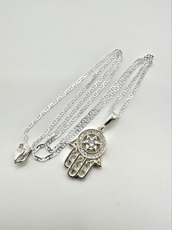 Hamsa Hand of Fatima with Evil Eye  925 Sterling Silver Pendant with 20” Marine Chain — Symbol of Protection & Good Energy