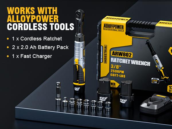 Cordless Electric Ratchet Wrench Set, 60Ft-lbs, 12V Extended Cordless Ratchet Wrench 3/8", 6 Sockets, 1/4" Adapter, Forward/Reverse Switch, 2 Batteries, 1/2" Adapter
