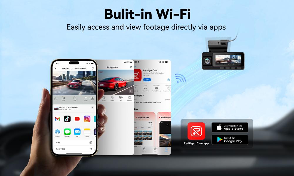 REDTIGER A3 3 Channel WiFi Dash Cam Front and Rear Inside with 32G SD Card( No SD Card Option In A Better Deal ), 2.5K+1080P+1080P Car Dash Camera for CarsFront and Rear, Dashcam with G-Sensor, Loop Recording,24H Parking Mode