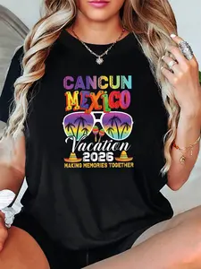 100% Cotton Cancun Mexico Vacation 2026 Letter Print T-shirt, Short Sleeve Crew Neck Casual Top for Summer & Spring, Women's Clothing
