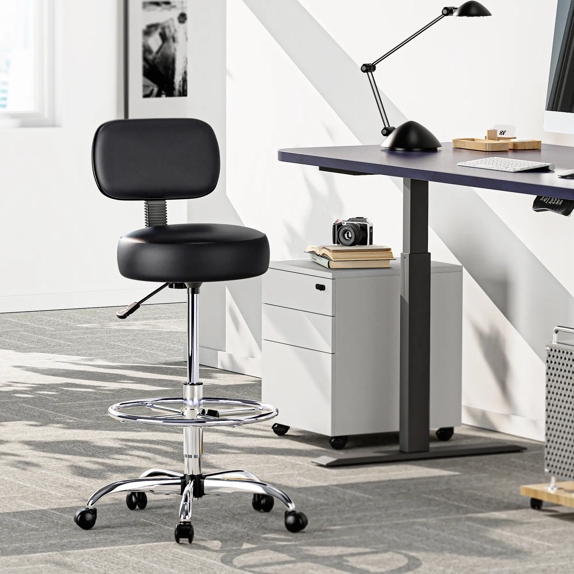 SUPERJARE Drafting Chair with Back, Adjustable Foot Rest Rolling Stool, Multi-Purpose Office Desk Chair, Thick Seat Cushion for Home Bar Kitchen Shop