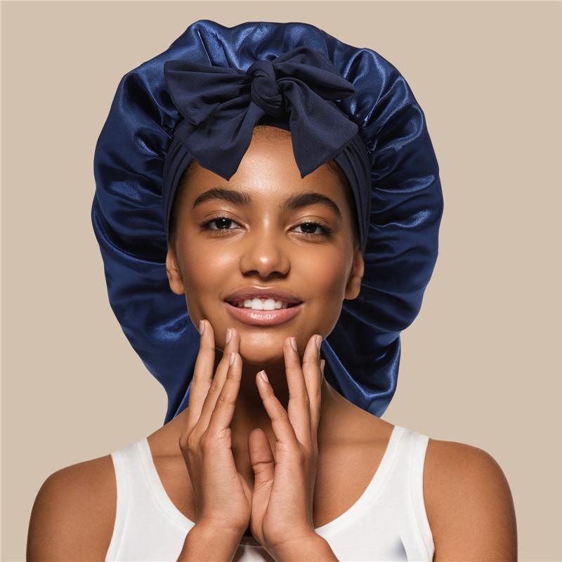Solid Color Double-Layer Long Satin Bonnet Sleep Cap Adjustable Care Night Sleeping Cap for Women Braids Curly Hair Wrap with Tie Band for Daily Use