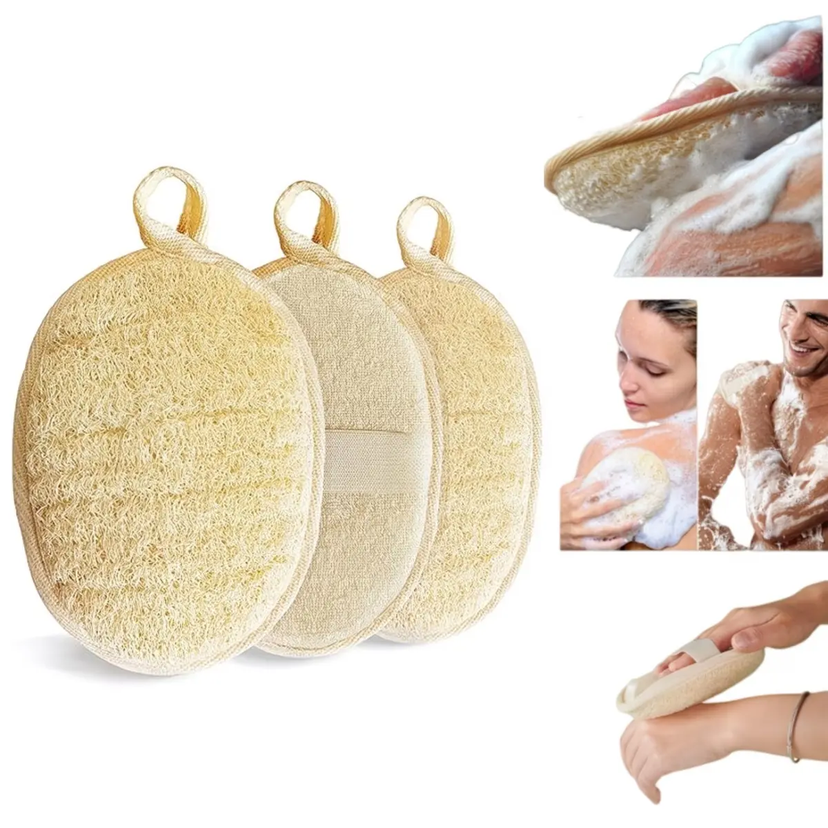 3PCS Premium Natural Loofah Sponge Pack - Smooth Exfoliating Bath Scrubber & Face Scrubbers, Unisex Personal Care Bathing Accessory for Body & Face
