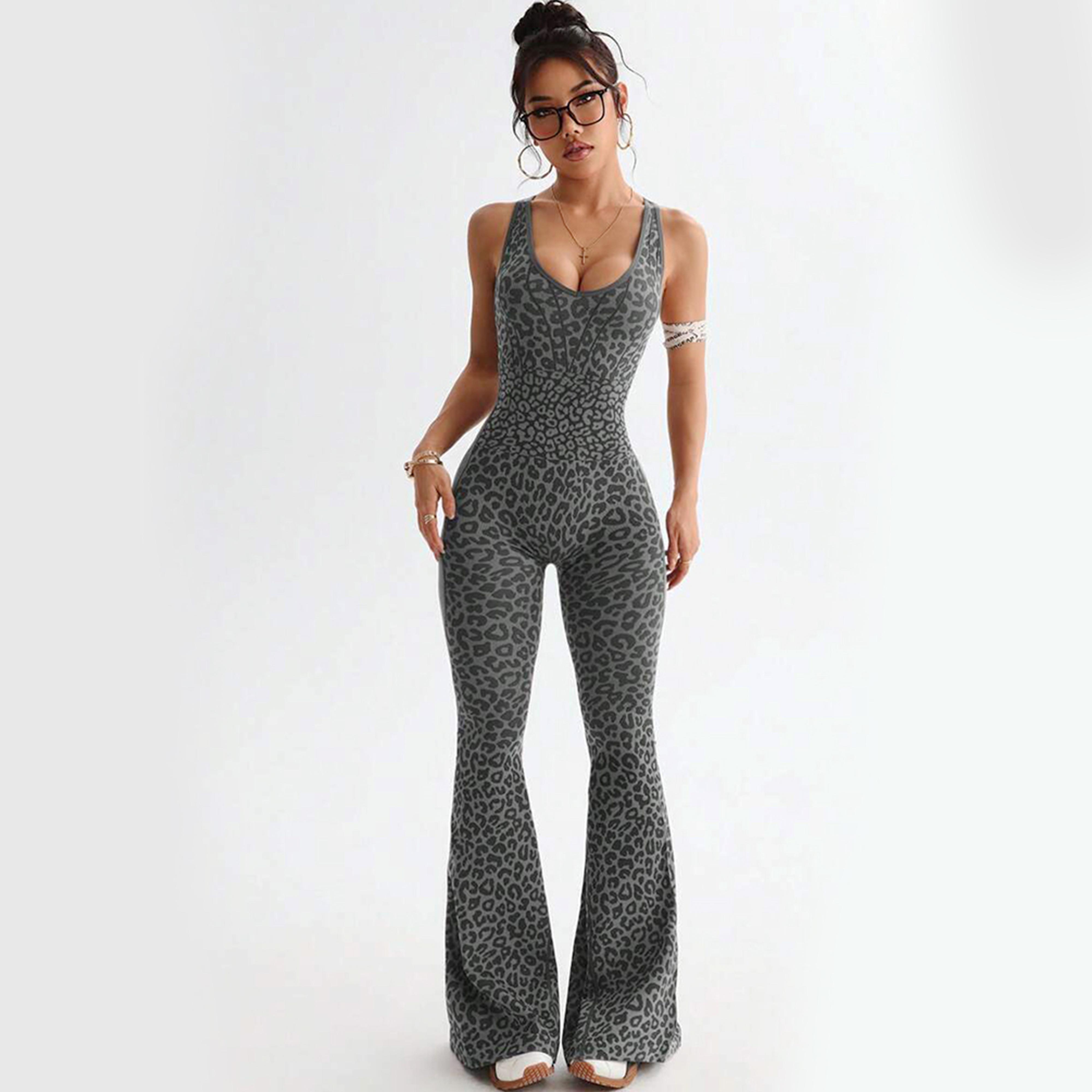 Women’s Leopard Print High-Waist Jumpsuit, Sexy Hollow-Out Criss-Cross Back Design, Fitness Wear, Backless Jumpsuit, Trendy Activewear, Women’s Slim-Fit Sports Suit, Flared Pants, Yoga Set Workout Bodysuit