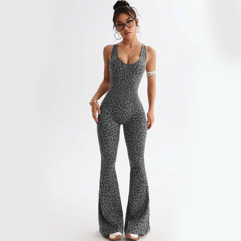 Women’s Leopard Print High-Waist Jumpsuit, Sexy Hollow-Out Criss-Cross Back Design, Fitness Wear, Backless Jumpsuit, Trendy Activewear, Women’s Slim-Fit Sports Suit, Flared Pants, Yoga Set Workout Bodysuit
