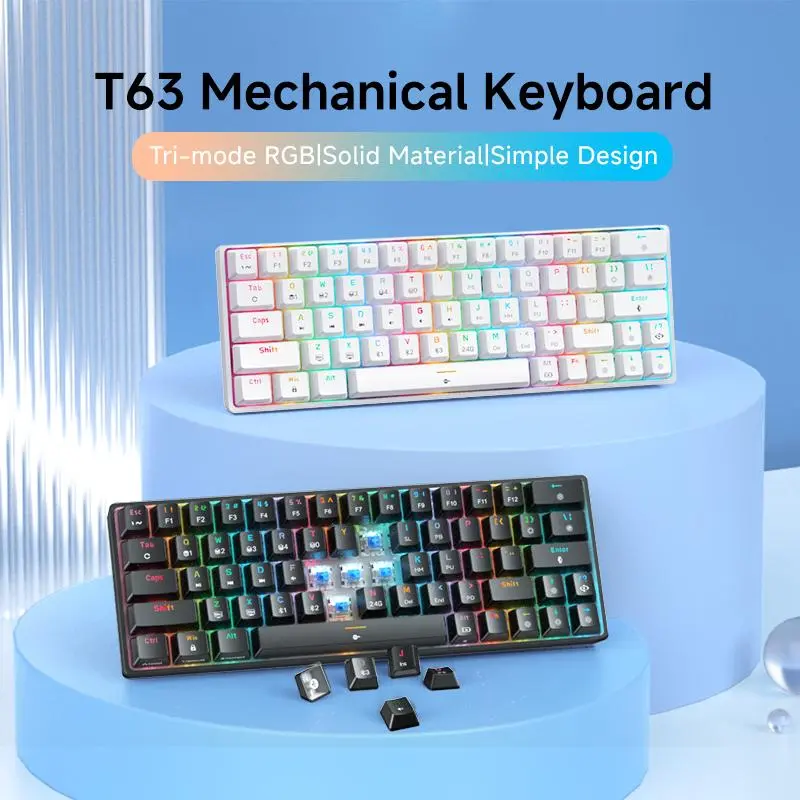 TMKB T63 60 Percent Wireless Mechanical Gaming Keyboard - Durable, Mechanical Blue Switches, Audible Clicks, FN Key, RGB Lighting, Directional Keys, Back Lit, for Gaming & Custom Keyboard Setup on Personal Computers