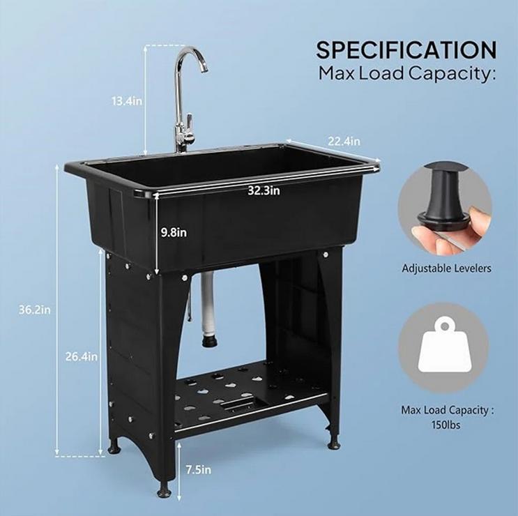 24"D x 40"W x 36"H Multi-functional Washing Sink Laundry Basin with Faucet & Shelf Plastic & Metal Feet for Laundry Room Garage Utility Sink with Drainboard Movable Storage Shelf