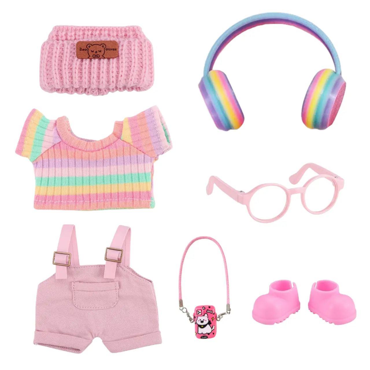 7-Piece Fashion Set for Labu Pink Overalls with Earphone Glasses Bag Shoes Matching Accessories Rainbow Design fits 17cm Dolls (Doll Not Included), Doll Outfit