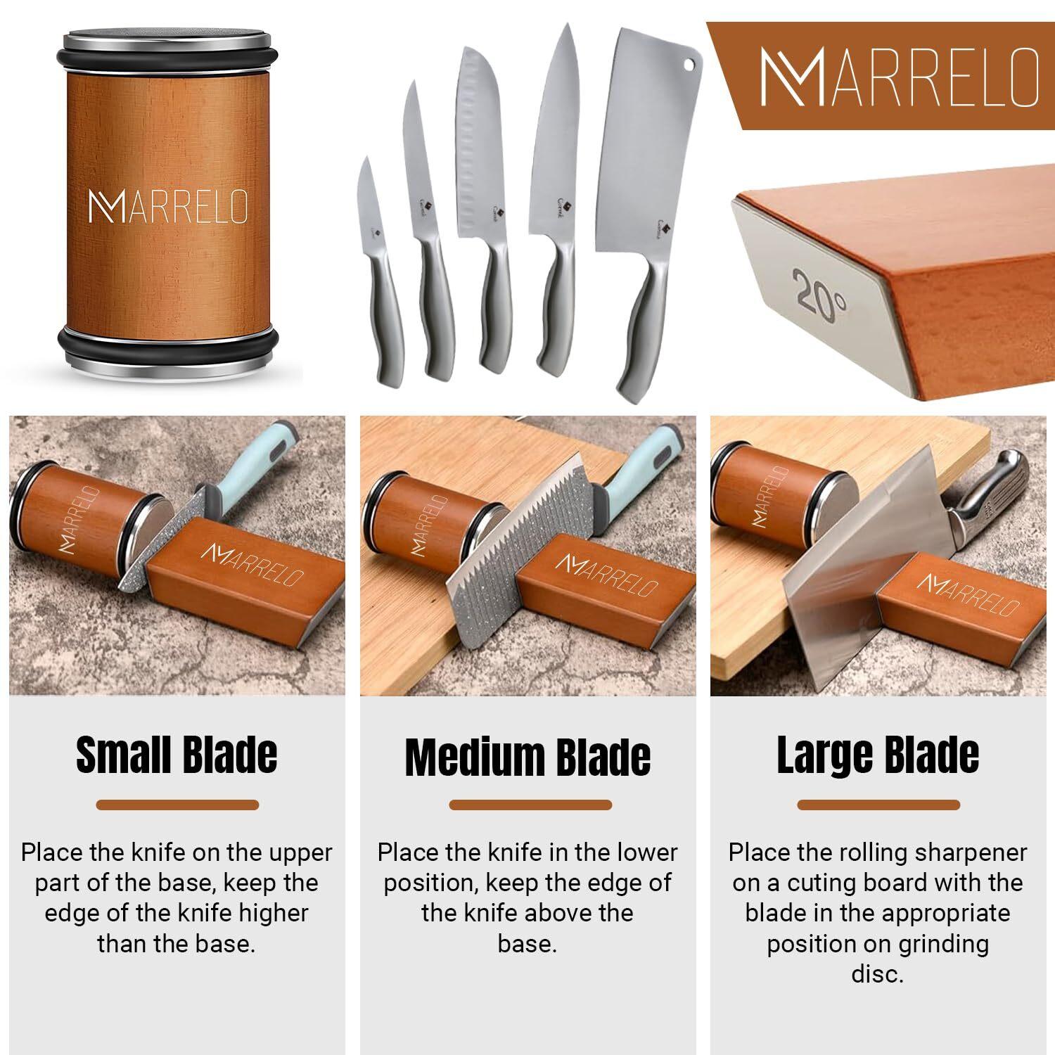 Marrelo 2 Piece Rolling Knife Sharpener Set Precision Kitchen Knife Sharpener with 15 and 20 Degree Angles Diamond and Ceramic Discs Magnetic Guide Portable and Non Slip Base