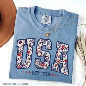 Comfort Colors Floral USA T-Shirt, Retro America 4th Of July Shirt, Soft Cotton Fabric Crewneck Tee