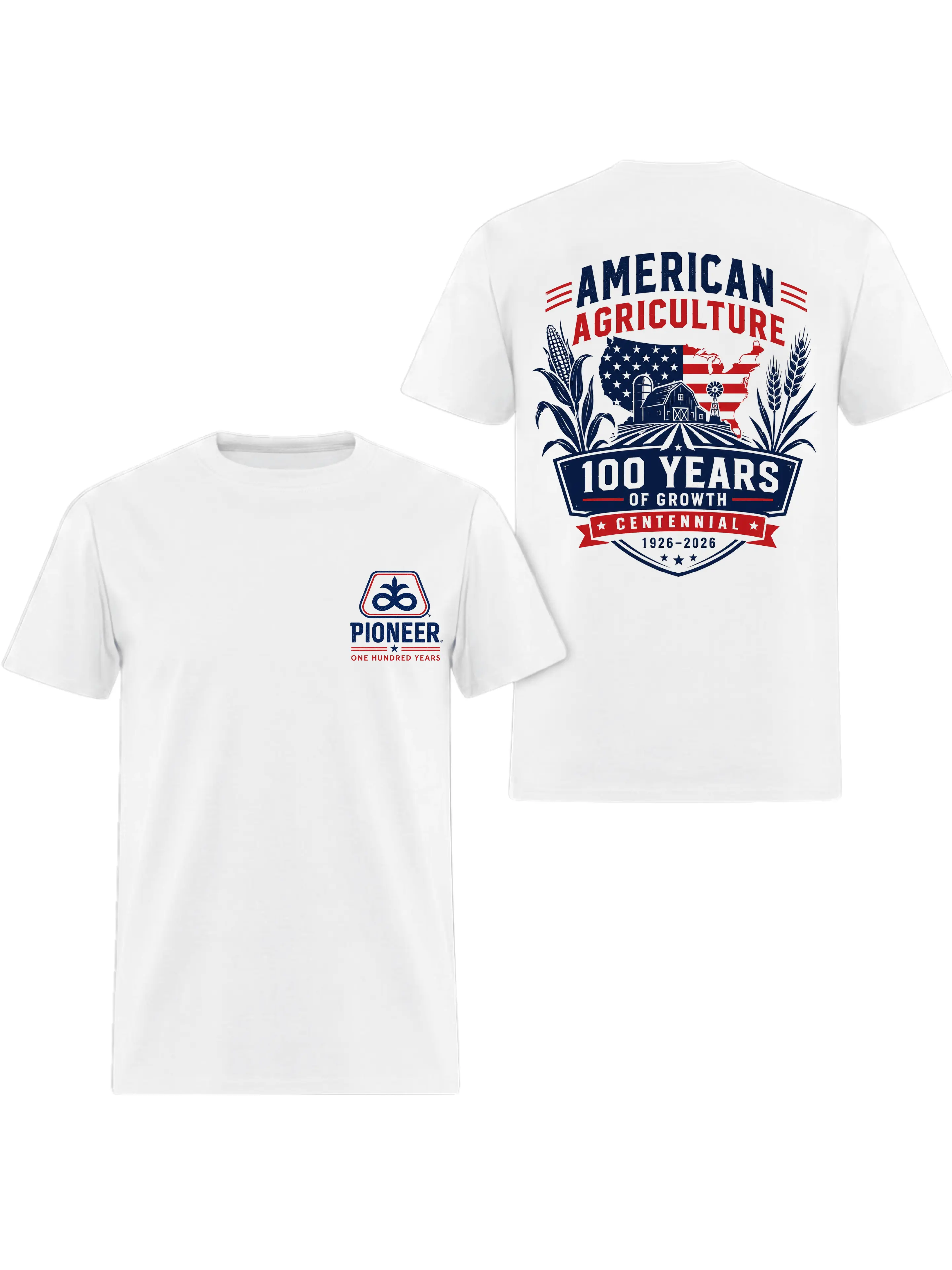 American Agriculture Centennial T-Shirt, 2 Sides, 1926 2026 Pioneer Graphic Tee