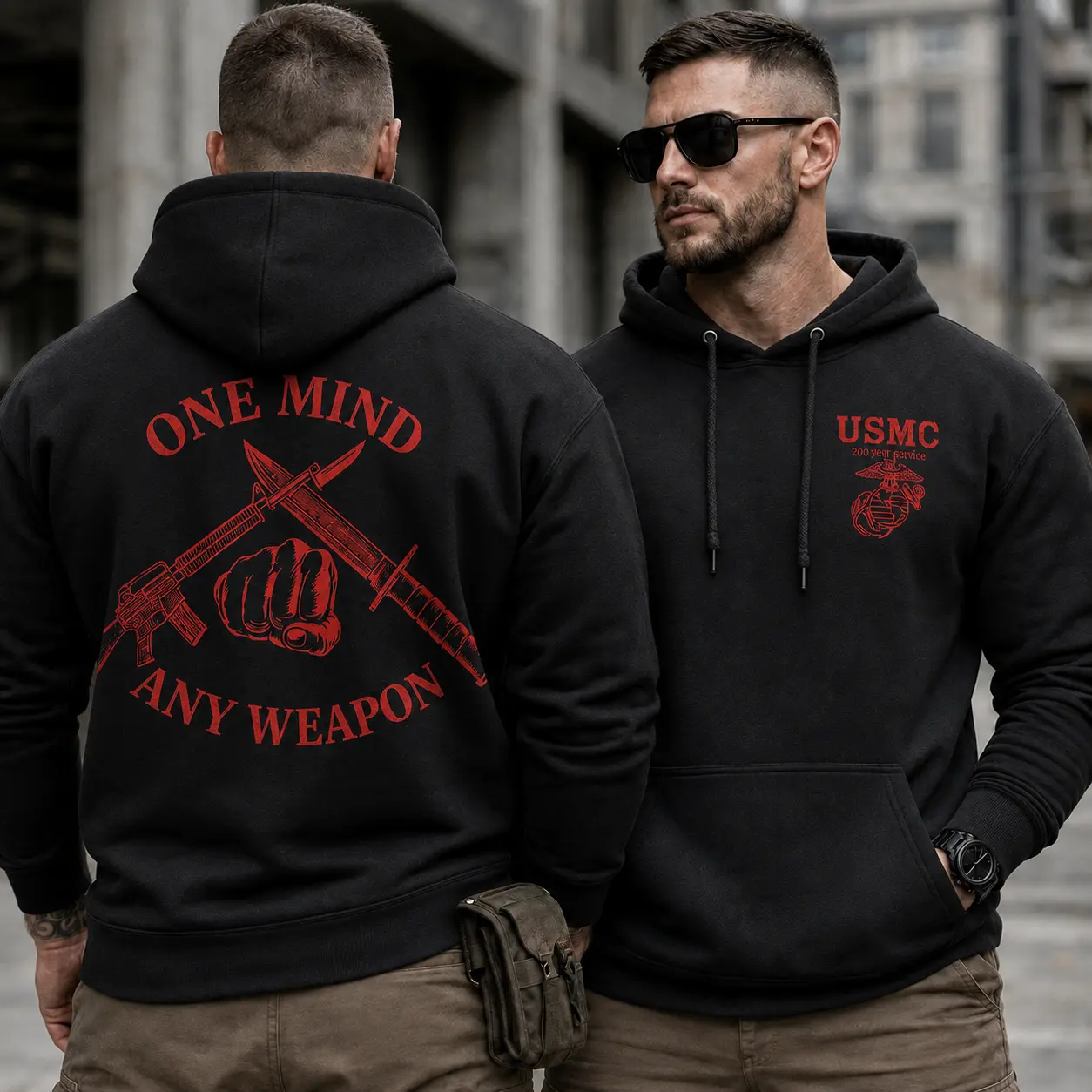 USMC 1 Mind, Any Weapon Men's Graphic Top - Marine Corps Combat Sweatshirt/Hoodie, Military Weapon Graphic, Veteran Gift