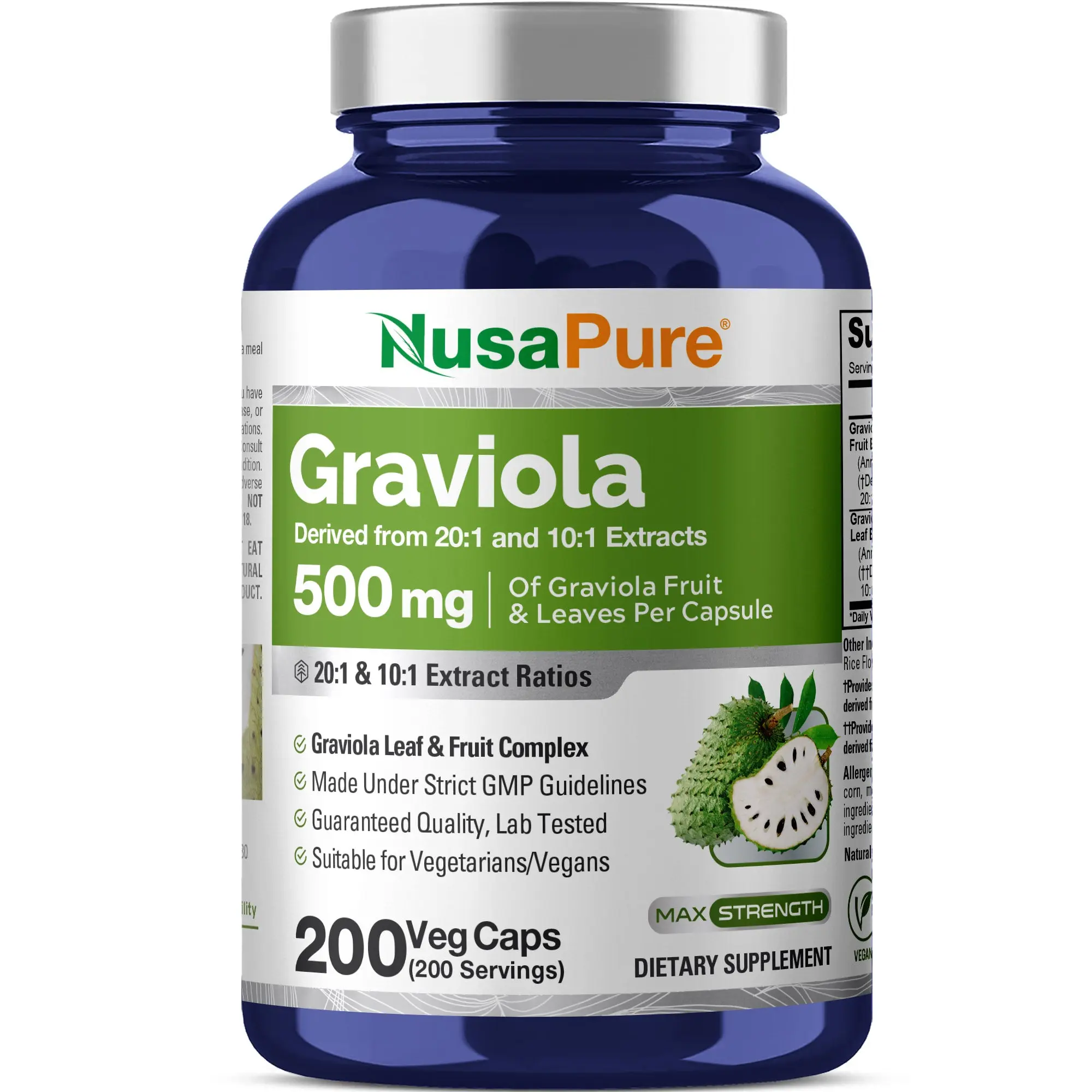 NusaPure Graviola Herb Extract Dietary Supplement - 500mg Plant-Based Capsules (20:1 & 10:1 Ratios, 200 Count) GMP-Certified, Allergy & Immune Support, Daily Nutrition, Digestive Aid, Dried Soursop Leaves, Vegetarian/Vegan, Non-GMO, Allergy & Immune Suppo