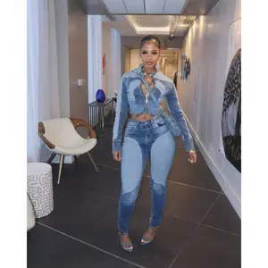 Fashionable Sexy High Elastic Patchwork Color Block Washed Denim Casual Set