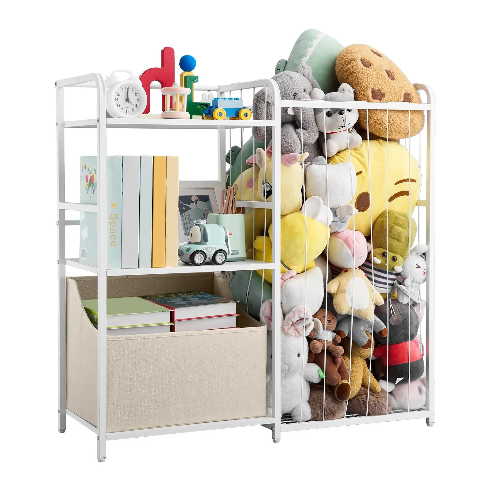 【SummerFinds】VEVOR Kids Bookshelf and Stuffed Animal Storage, Toy Storage Organizer, 2-Tier Book Shelf with Fabric Toy Chest, Toy Storage for Kids Room, Living Room, Entryway, Nursury, Preschool, White