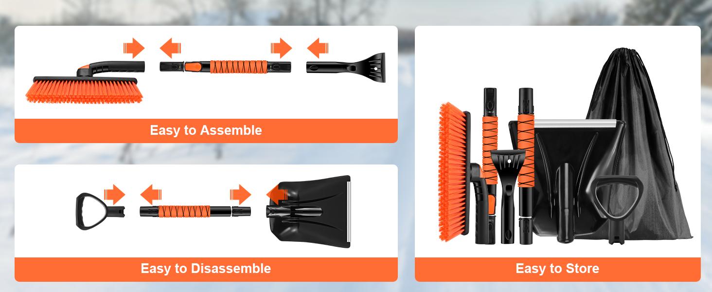 Odoland Ice Scraper with Snow Brush and Snow Shovel, 35" Extendable Snow Remover with Foam Grip, 360° Pivoting Brush Head for Car Windshield, Emergency Snow Scraper for SUV Truck Vehicle, Orange